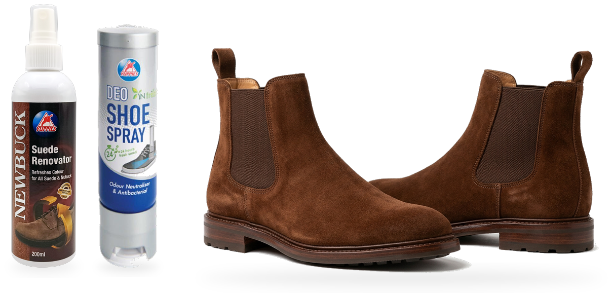 Giày bốt da lộn Chelsea boots phối hợp cùng bình xịt dưỡng da lộn Suede Renovator và xịt khử mùi Deo Shoe Spray Yuppies